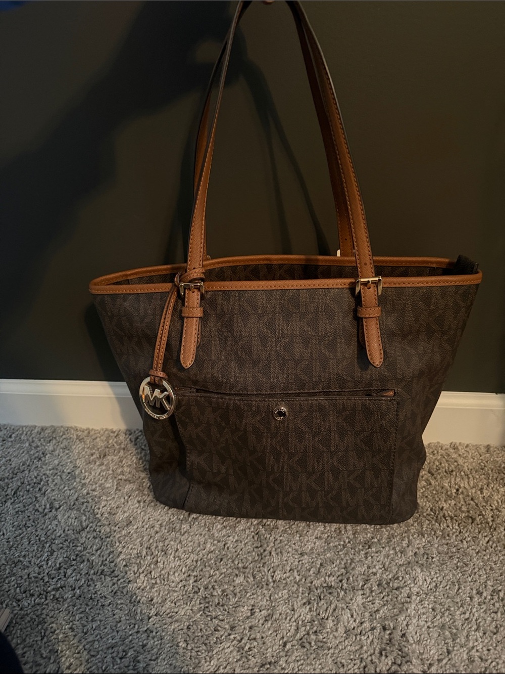 Michael Kors Dark Brown Monogram Jet Set Tote with Snap Front Card Holders